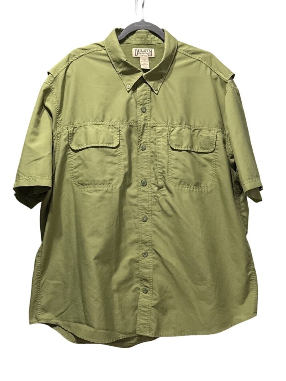 Duluth Trading Mens 2XL Olive Green Short Sleeve Button-Up Utility Shirt Vents